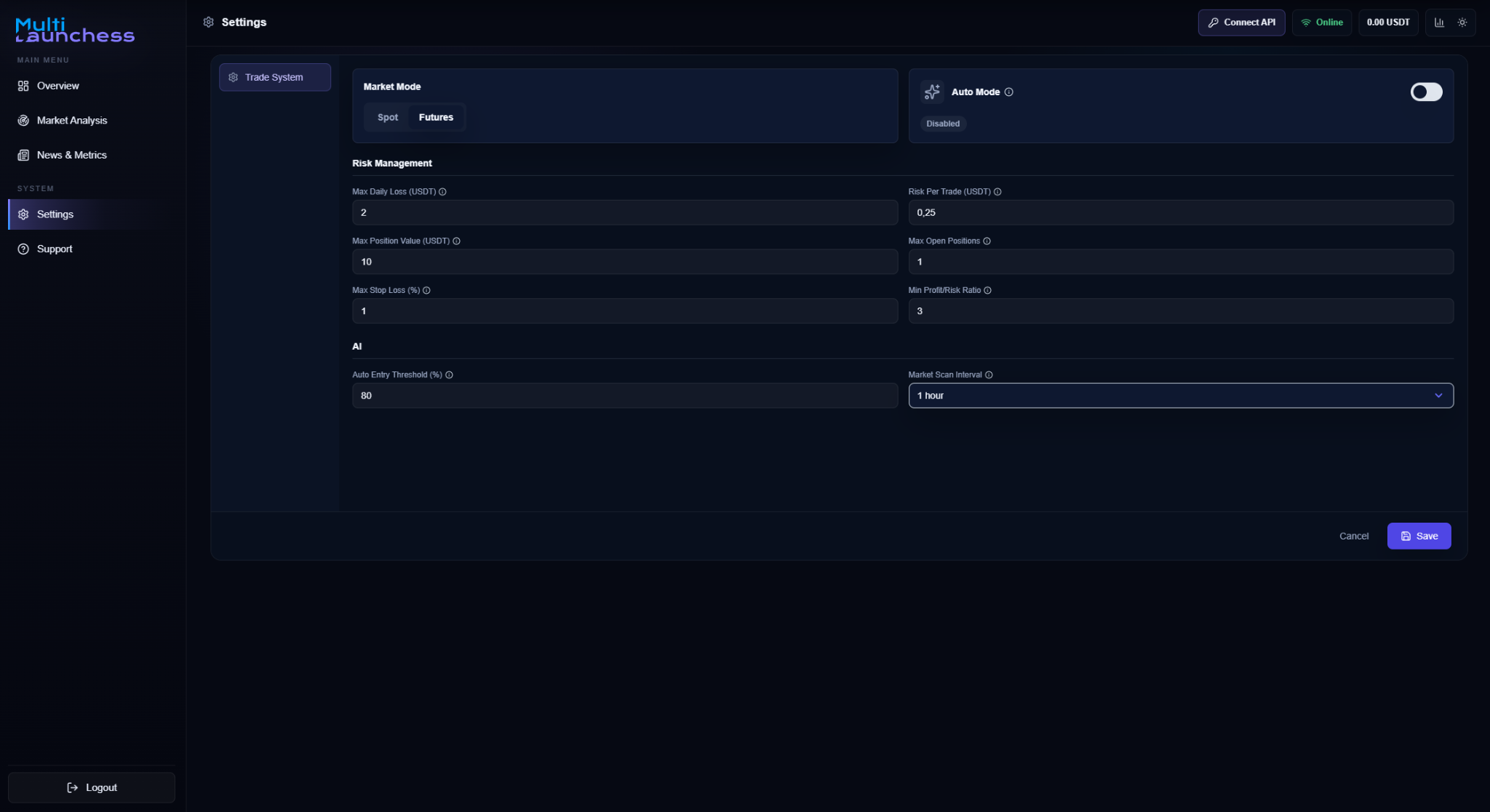 AI Agent Trader settings